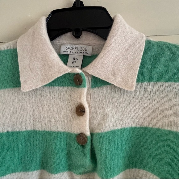 Rachel Zoe Women’s 100% Cashmere Striped Polo Sweater Cropped Green White Size - Picture 4 of 13